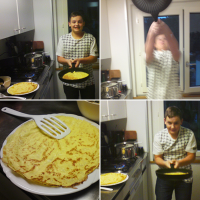 Joel beim Omeletten-Wurfmanöver.